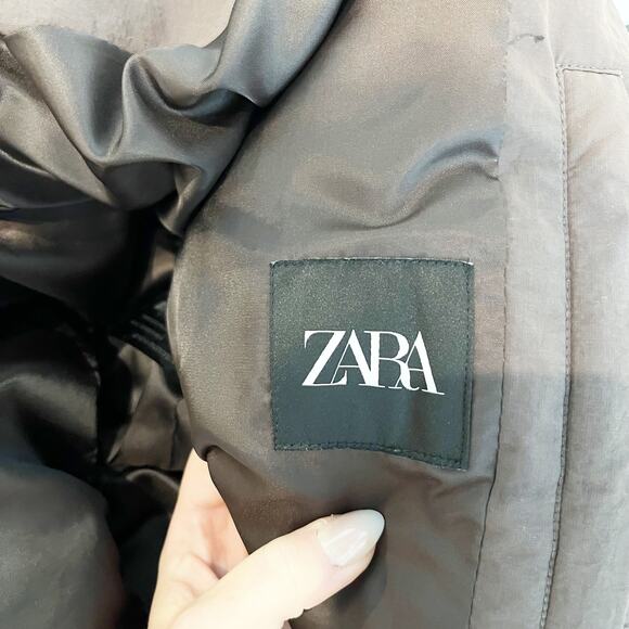 ZARA Zip Up Puffer Jacket Coat Parka Hooded Brown Large - Picture 4 of 12